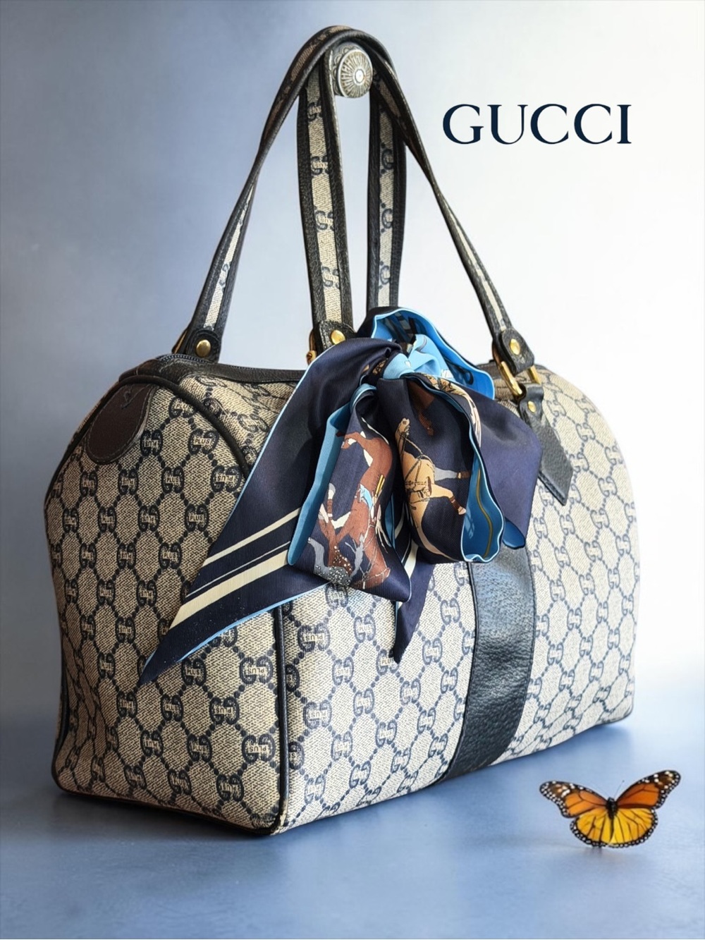 Vintage Gucci Plus GG Monogram Boston Bag - Rare Navy Blue/Black Coated Canvas - Picture 3 of 15